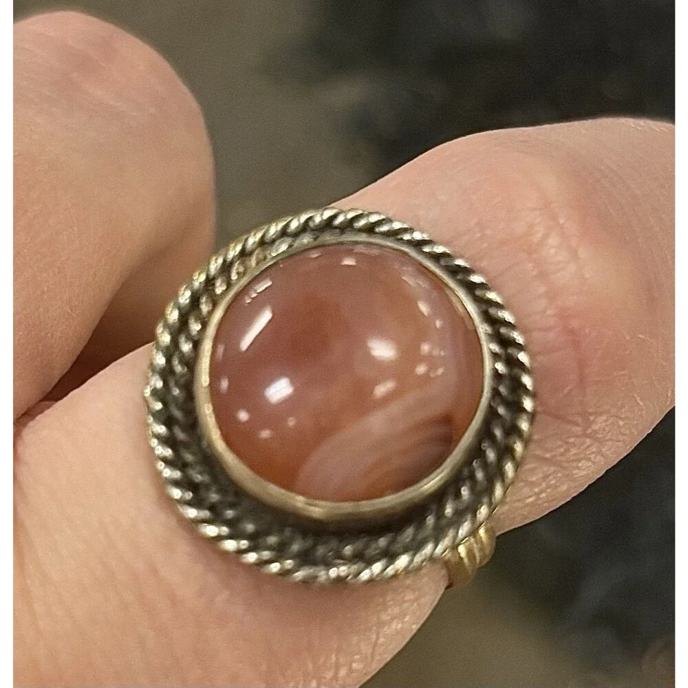 Vintage 925 Sterling Silver Gold Tone Banded Agate Ring Size 8 Estate